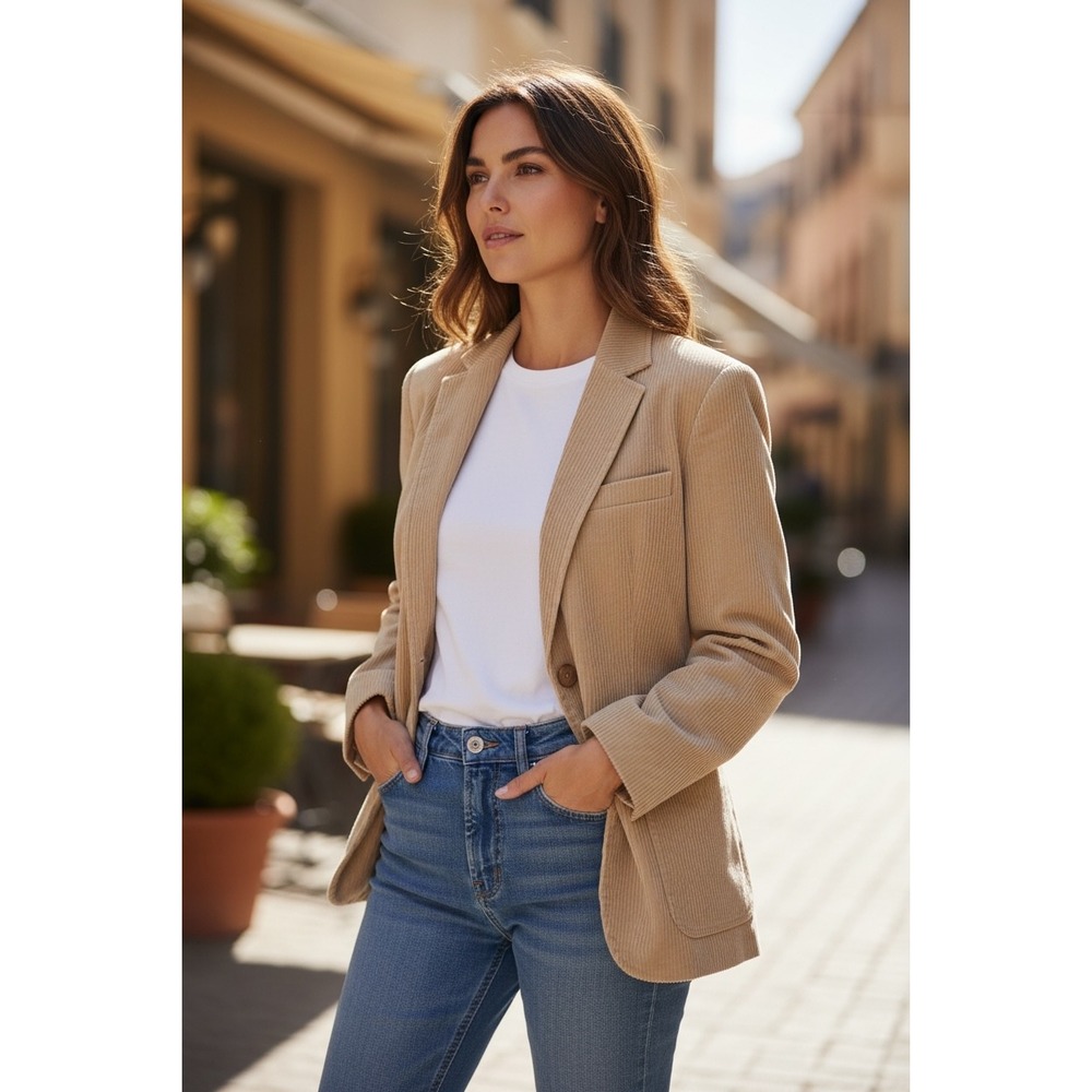 Fashion Place Corduroy Blazer Tan Button Front Long Sleeve Women Size 18 Average